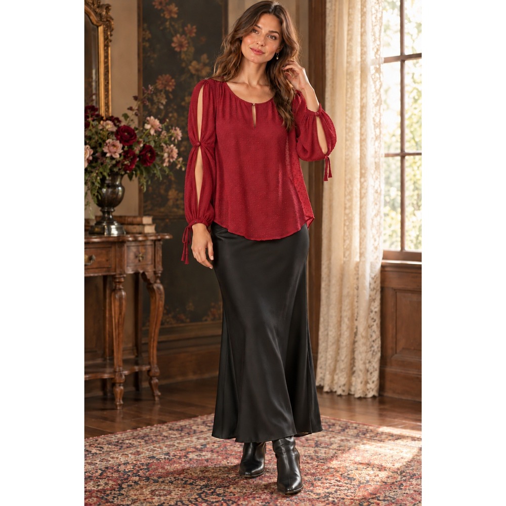 The Limited Collection Red Swiss Dot Blouse Slit Tie Sleeve 1X Victorian Romance